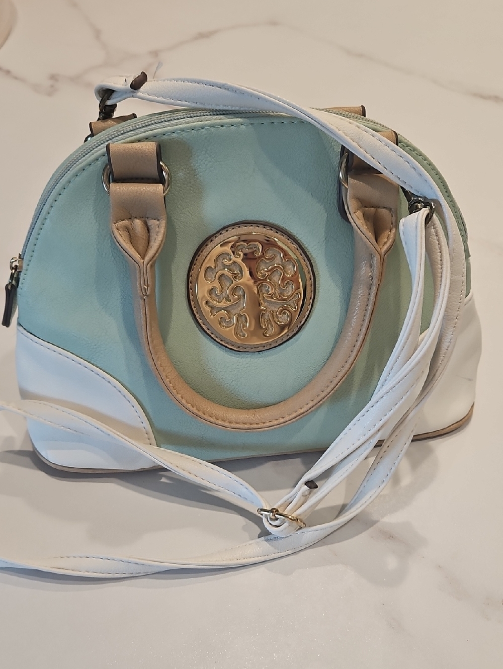 Aqua & White Dome Crossbody Satchel with Gold Medallion